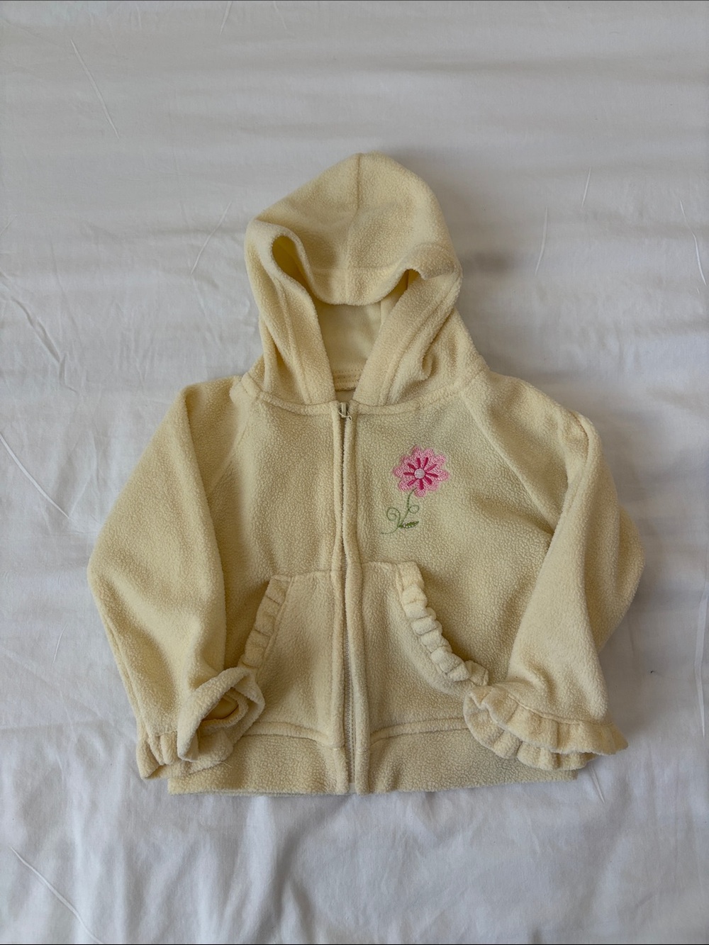 Cream Hooded Fleece Jacket for Kids with Pink Floral Embroidery